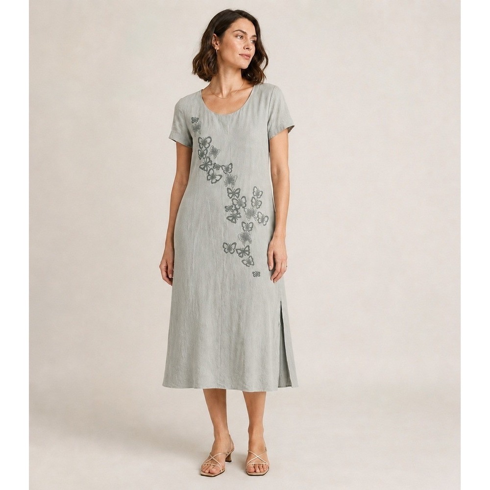 CYNTHIA HOWIE for Maggy Boutique Dress Women 6 Linen Blend Embroidered Butterfly